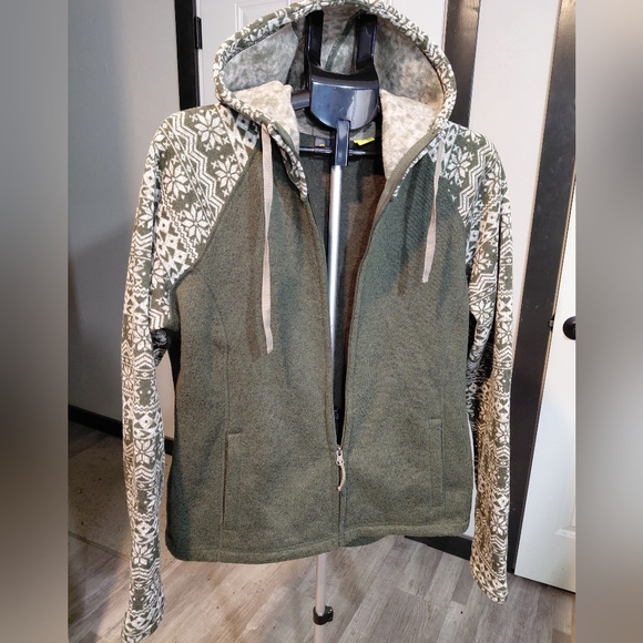 Cabela's Women Olive Green Fair Isle Patterned Sleeve Fleece Lined Full Zip Sz L - Picture 9 of 16